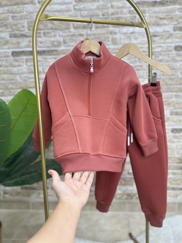 Unisex Şardonlu Fermuarlı Dik Yaka Kiremit Takım