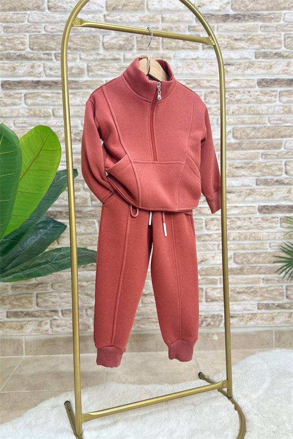 Unisex Şardonlu Fermuarlı Dik Yaka Kiremit Takım