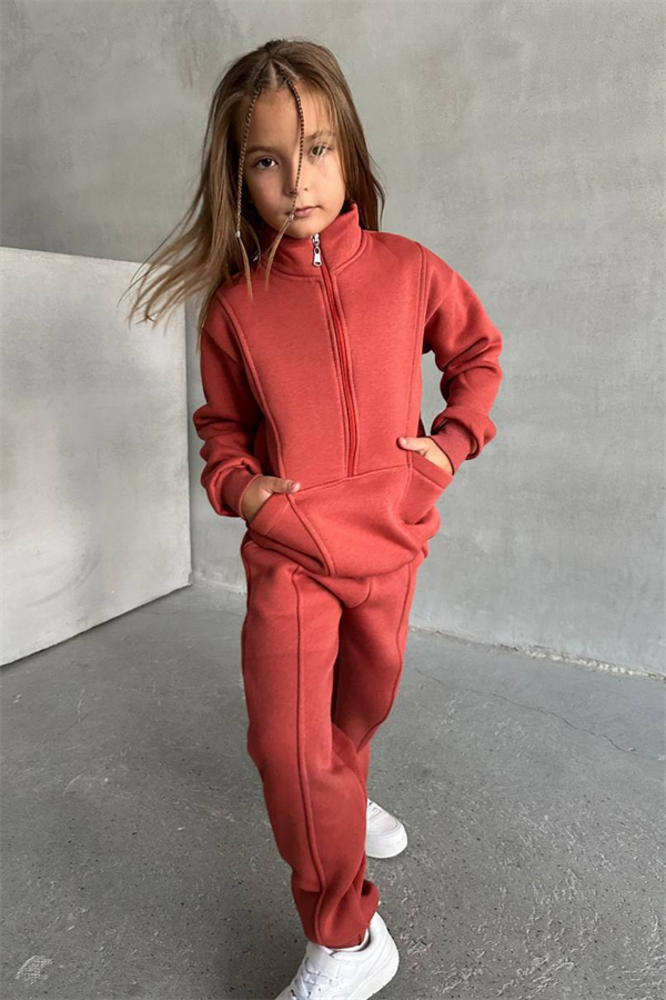 Unisex Şardonlu Fermuarlı Dik Yaka Kiremit Takım