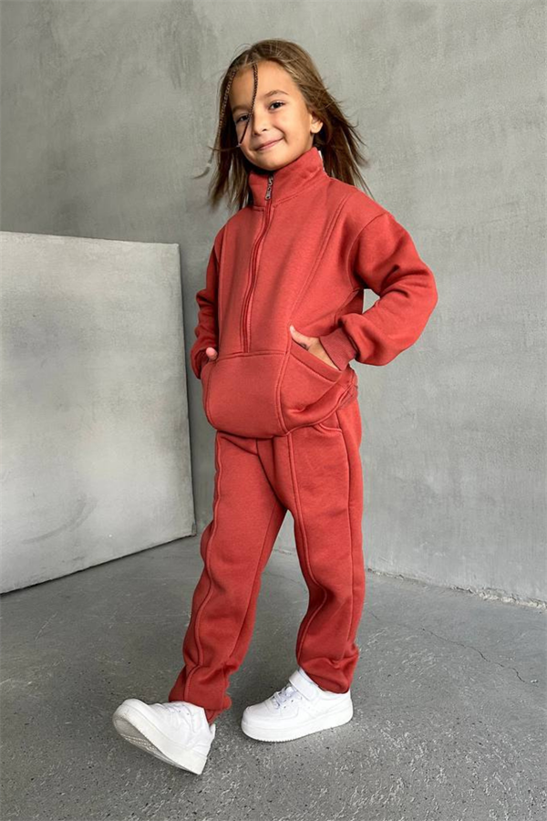 Unisex Şardonlu Fermuarlı Dik Yaka Kiremit Takım