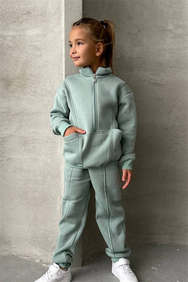 Unisex Şardonlu Fermuarlı Dik Yaka Yeşil Takım