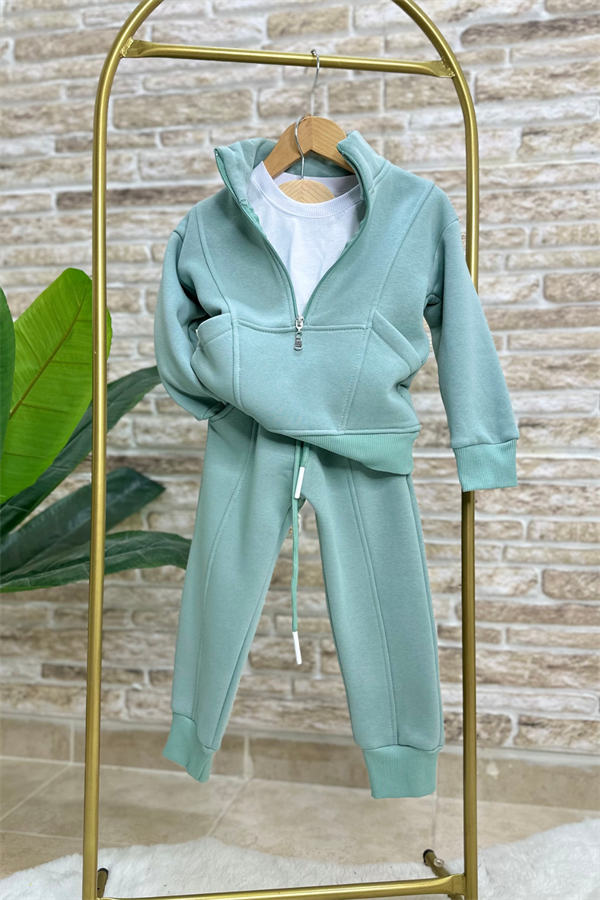 Unisex Şardonlu Fermuarlı Dik Yaka Yeşil Takım