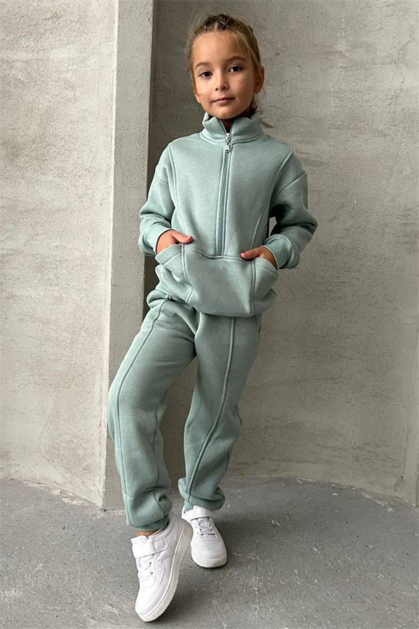 Unisex Şardonlu Fermuarlı Dik Yaka Yeşil Takım