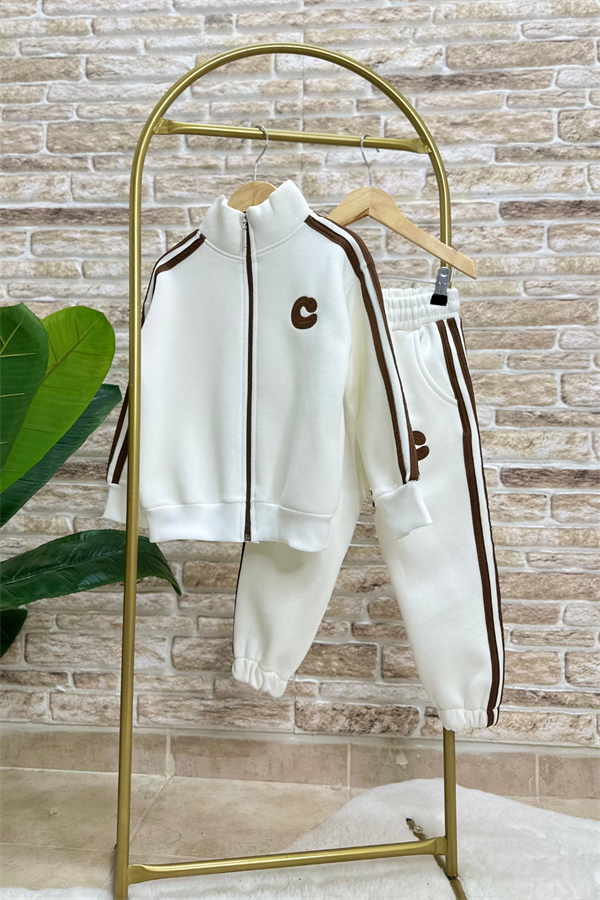 Unisex Şardonlu Fermuarlı Kahve Şeritli Takım