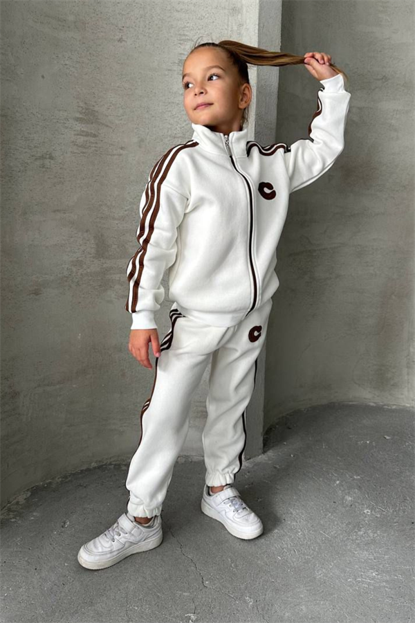 Unisex Şardonlu Fermuarlı Kahve Şeritli Takım