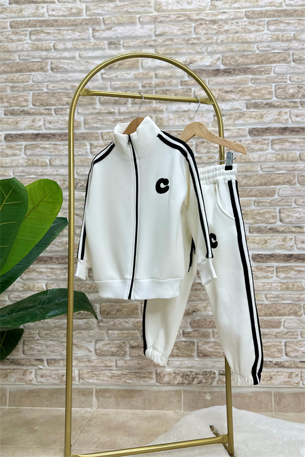 Unisex Şardonlu Fermuarlı Siyah Şeritli Takım