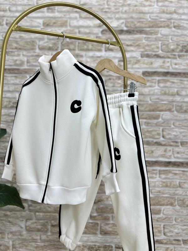 Unisex Şardonlu Fermuarlı Siyah Şeritli Takım