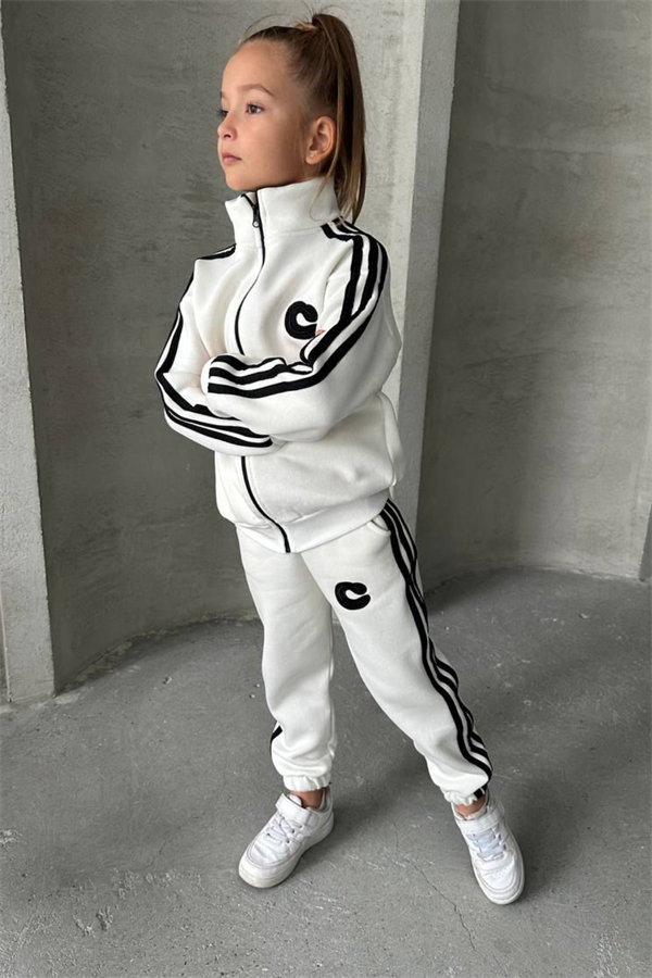 Unisex Şardonlu Fermuarlı Siyah Şeritli Takım