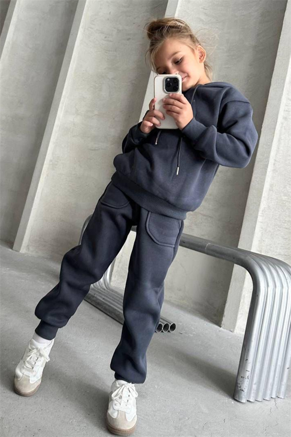 Unisex Şardonlu Kapüşonlu Lacivert Takım