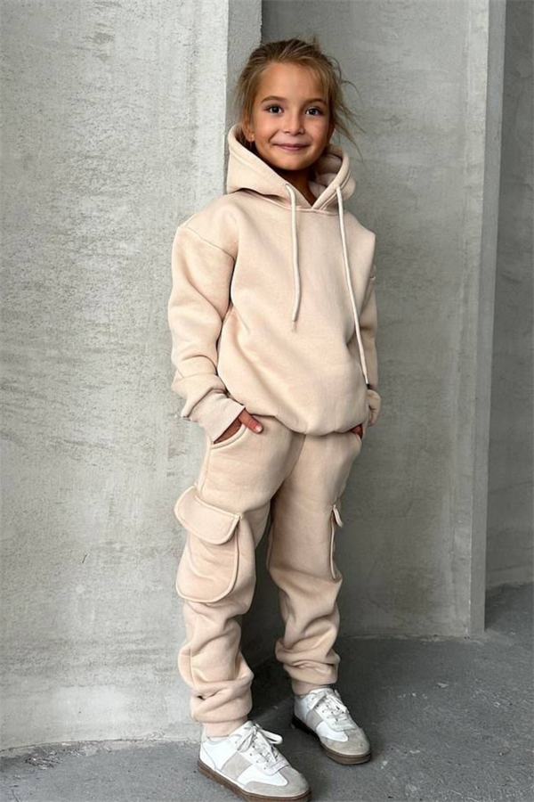 Unisex Şardonlu Kargo Cepli Bej Takım