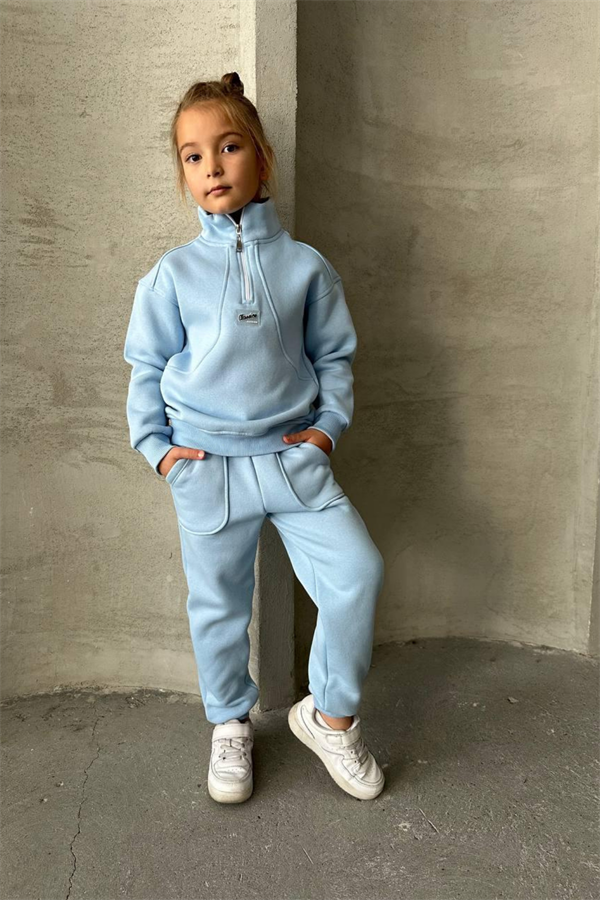 Unisex Şardonlu Mavi Dik Yaka Fermuarlı Takım