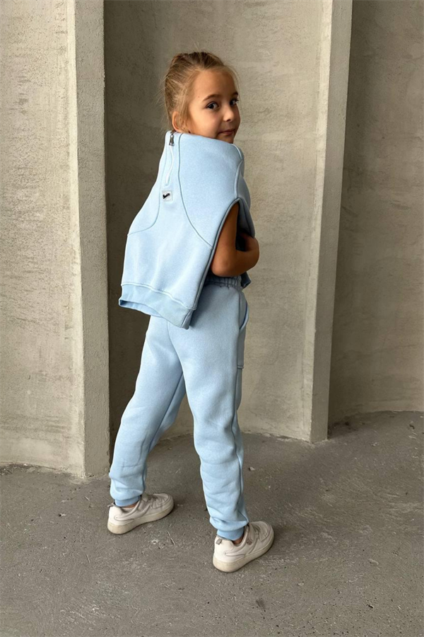 Unisex Şardonlu Mavi Dik Yaka Fermuarlı Takım
