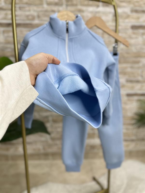 Unisex Şardonlu Mavi Dik Yaka Fermuarlı Takım