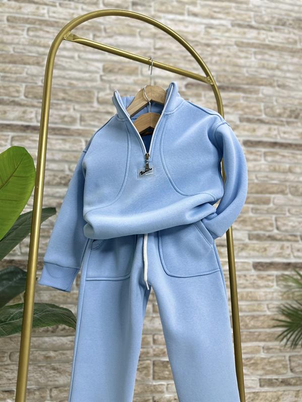 Unisex Şardonlu Mavi Dik Yaka Fermuarlı Takım