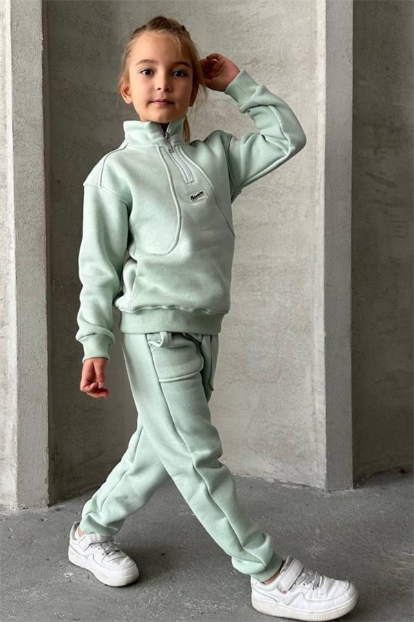 Unisex Şardonlu Yeşil Dik Yaka Fermuarlı Takım