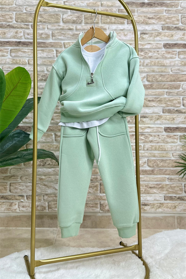 Unisex Şardonlu Yeşil Dik Yaka Fermuarlı Takım