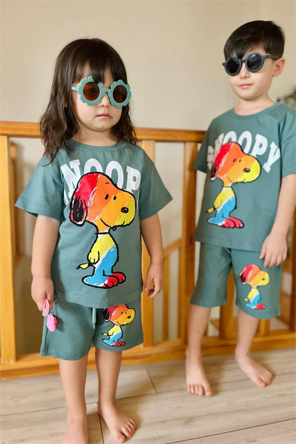 Unisex Snopy Yeşil Şortlu Takım