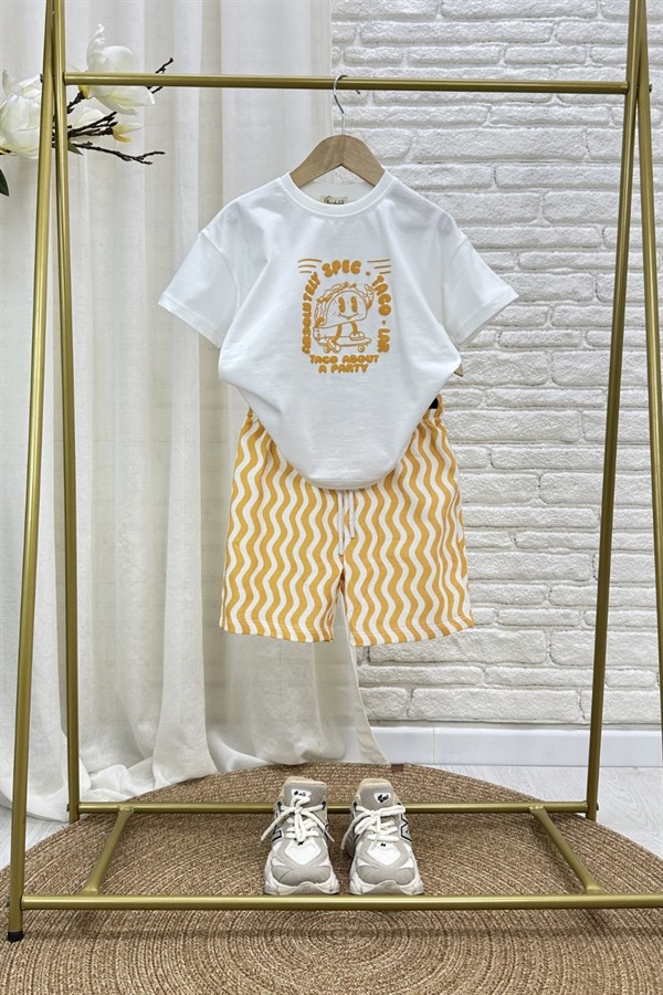 Unisex Taco Baskılı Oranj Şortlu Takım