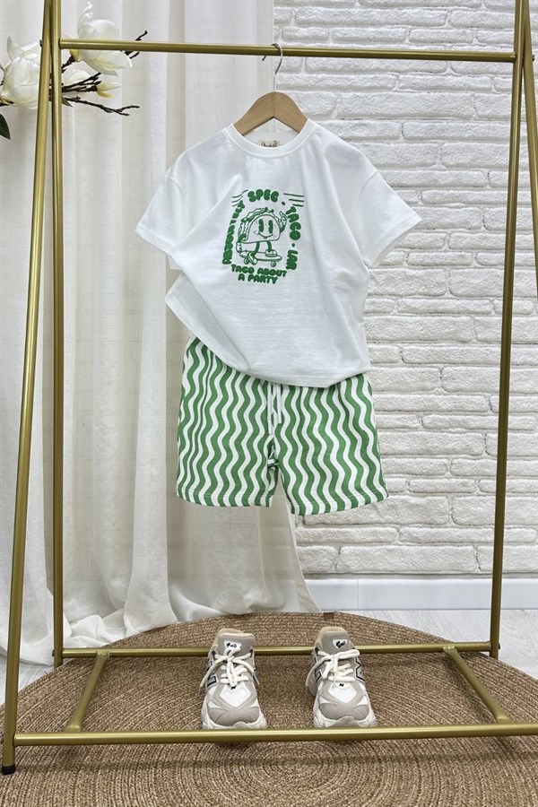 Unisex Taco Baskılı Yeşil Şortlu Takım
