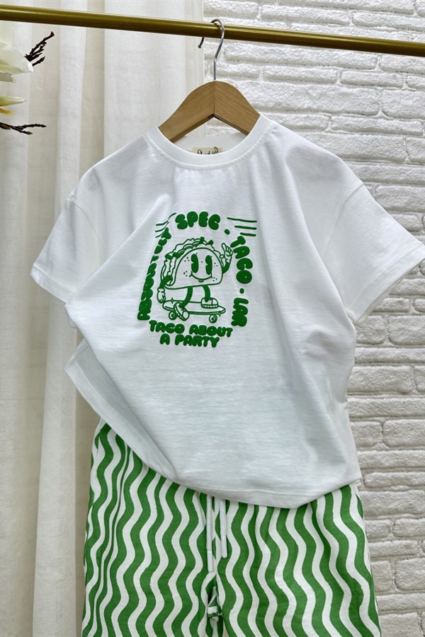 Unisex Taco Baskılı Yeşil Şortlu Takım