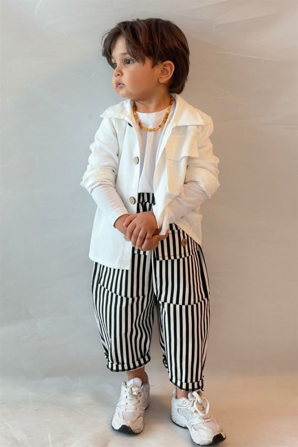 Unisex Trenç Beyaz Gömlek Çizgili Pantolon Takım