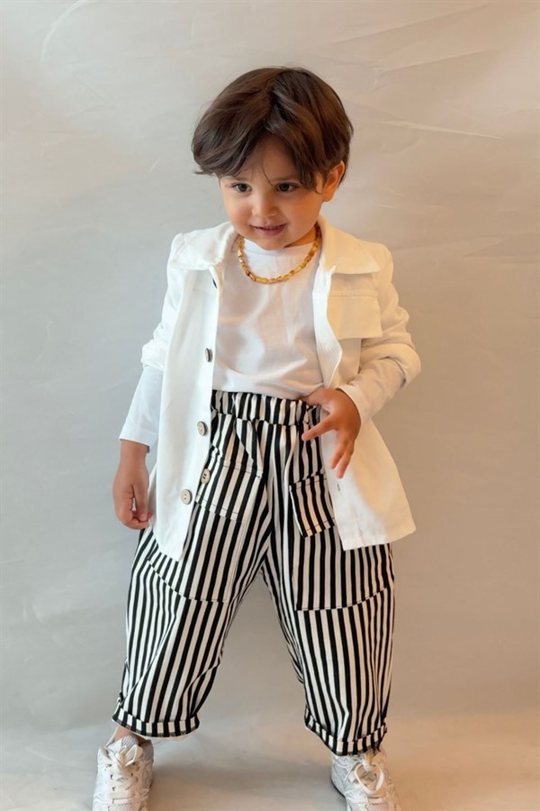 Unisex Trenç Beyaz Gömlek Çizgili Pantolon Takım