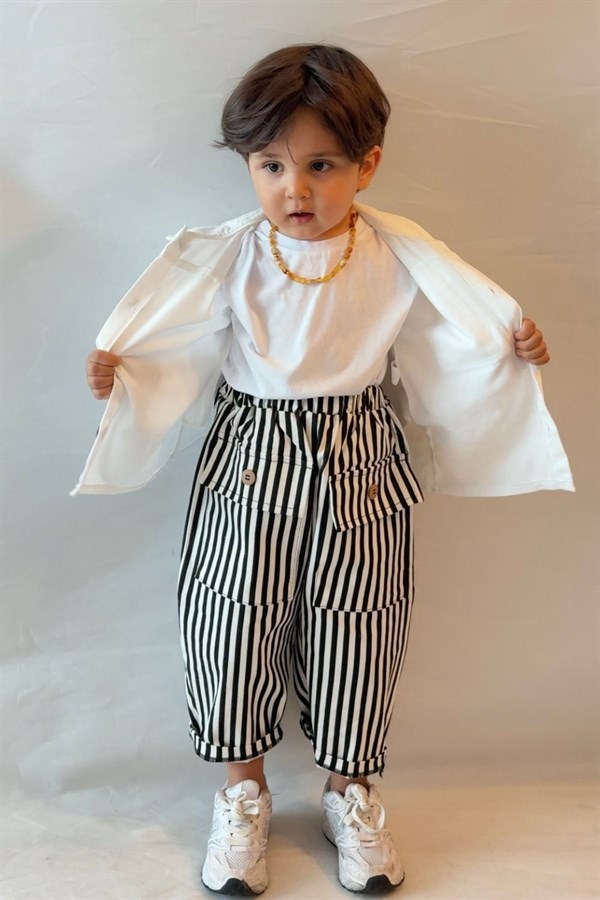 Unisex Trenç Beyaz Gömlek Çizgili Pantolon Takım
