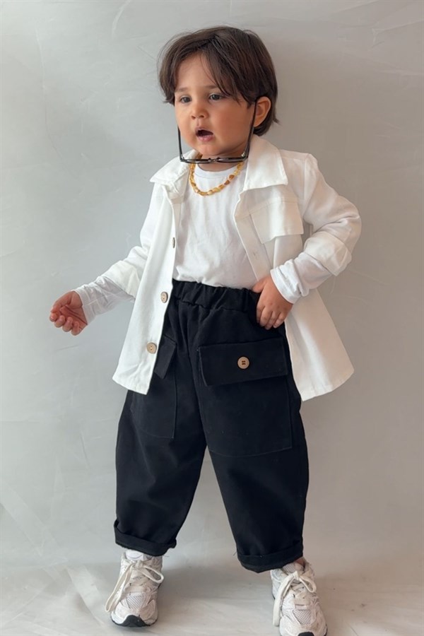 Unisex Trenç Beyaz Gömlek Düğmeli Pantolon Takım