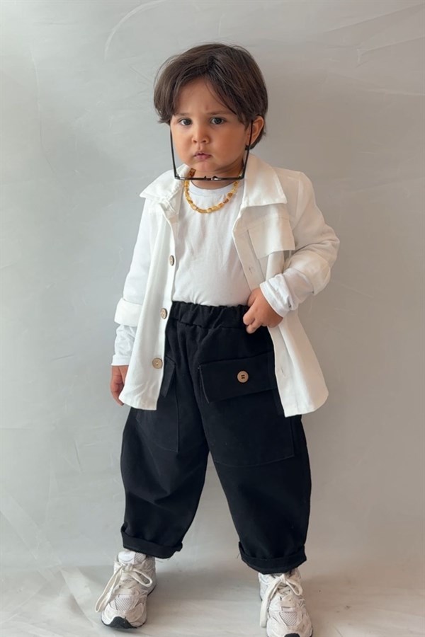 Unisex Trenç Beyaz Gömlek Düğmeli Pantolon Takım
