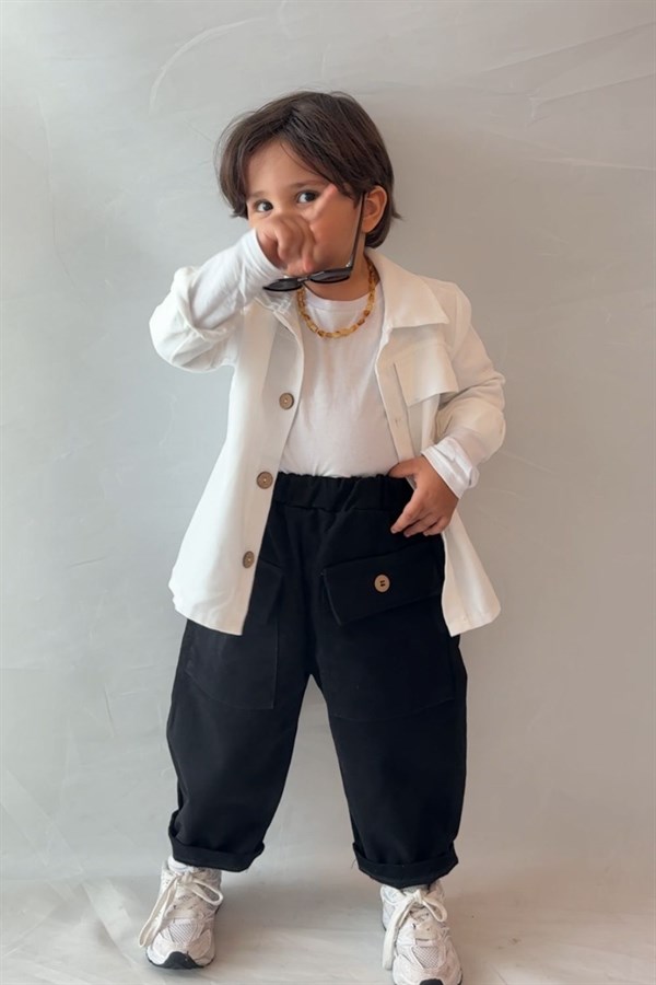Unisex Trenç Beyaz Gömlek Düğmeli Pantolon Takım