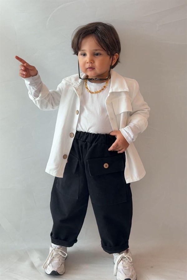 Unisex Trenç Beyaz Gömlek Düğmeli Pantolon Takım