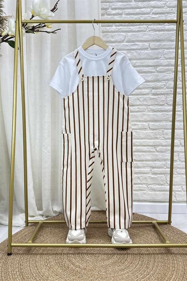 Unisex Tshirt Dahil Çizgili Salopet İkili Takım