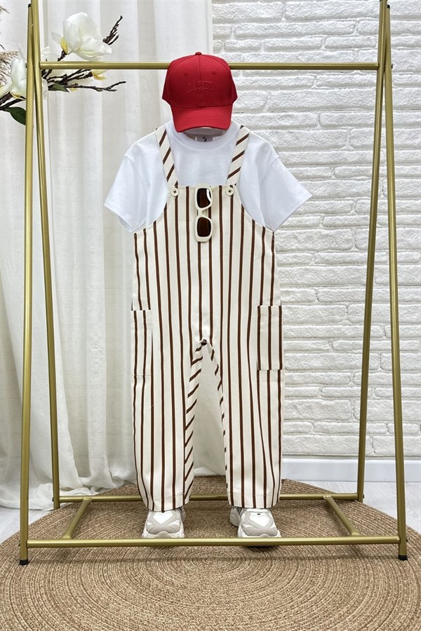 Unisex Tshirt Dahil Çizgili Salopet İkili Takım