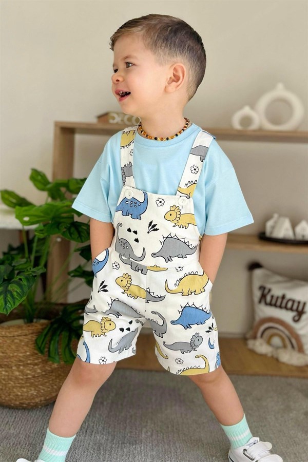 Erkek Çocuk Tshirt Dahil Denim Mavi Şortlu Salopet