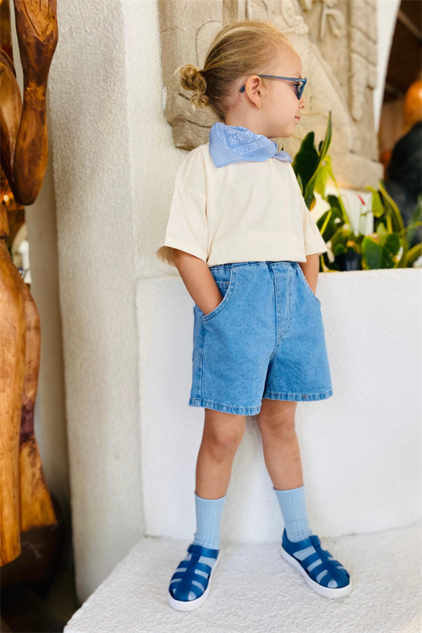 Unisex Tshirt & Denim Şortlu Mavi Takım