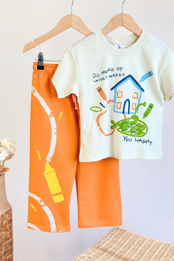 Unisex Tshirtlü Çizimli Oranj İkili Takım