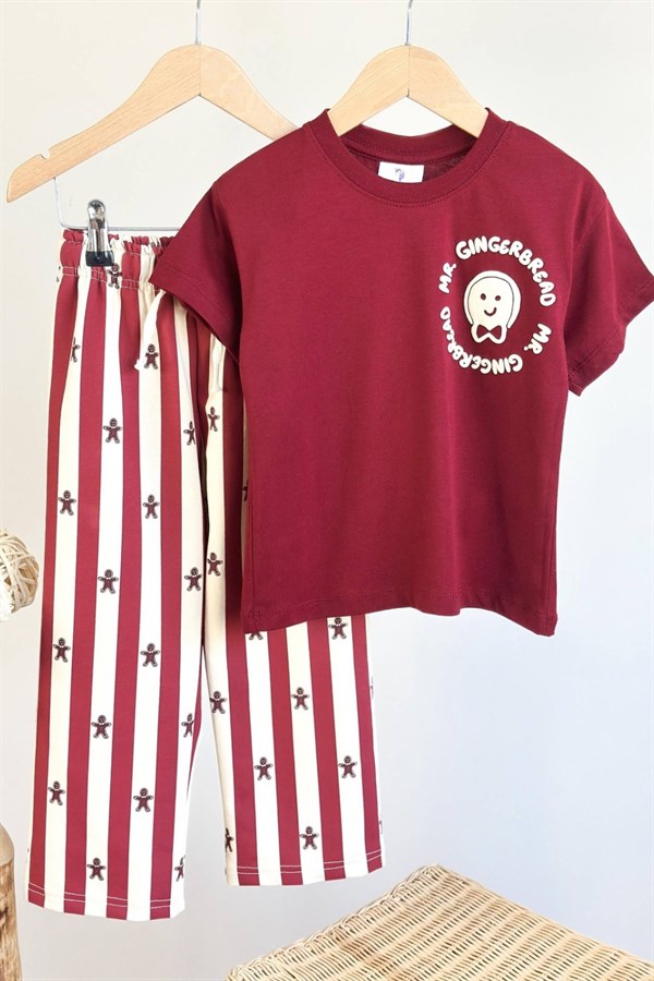 Unisex Tshirtlü Kurabiyeli Bordo Takım