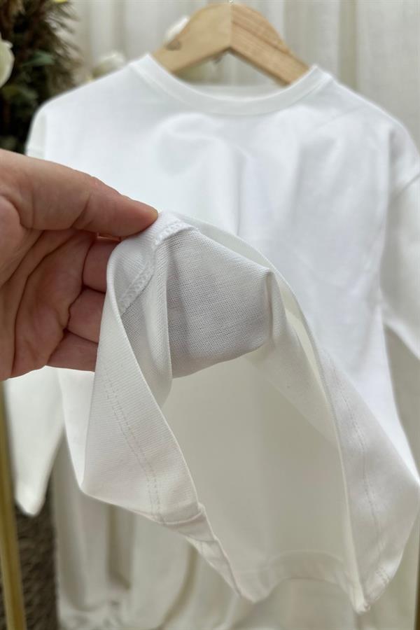 Unisex Uzun Kollu Beyaz Tshirt