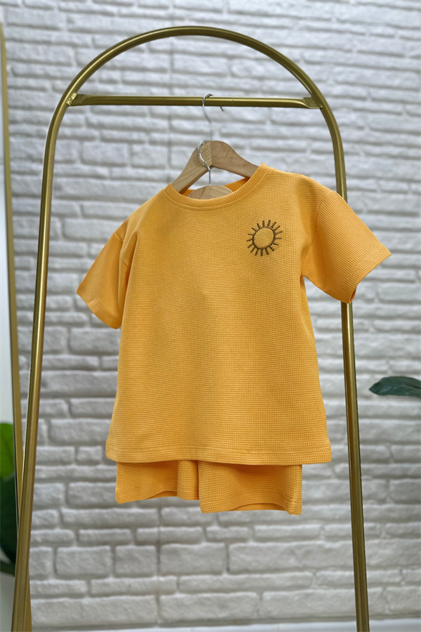 Unisex Waffle Kumaş Hardal Şortlu Yaz Takım