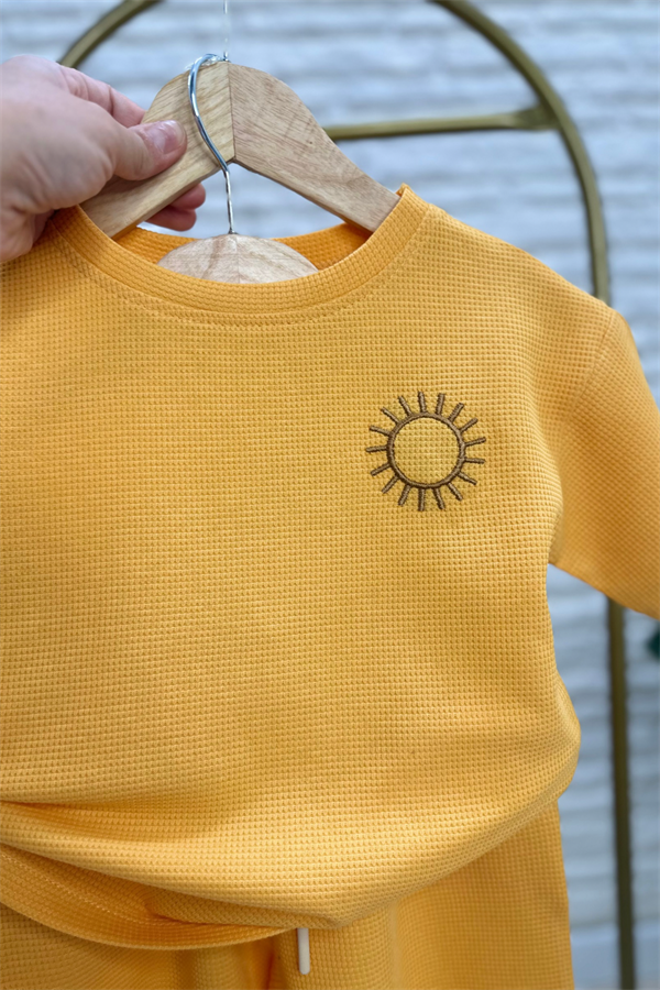Unisex Waffle Kumaş Hardal Şortlu Yaz Takım