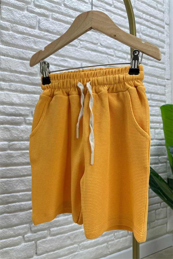Unisex Waffle Kumaş Hardal Şortlu Yaz Takım