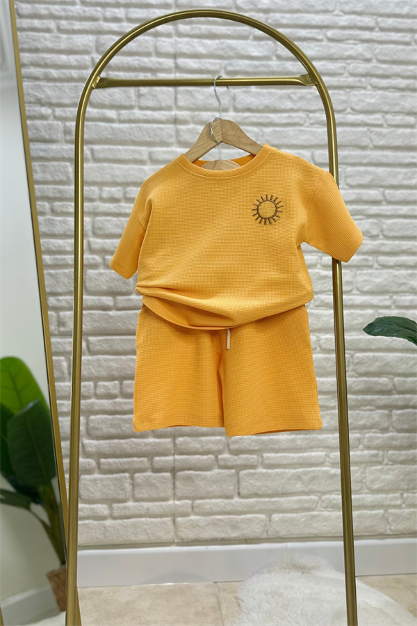 Unisex Waffle Kumaş Hardal Şortlu Yaz Takım