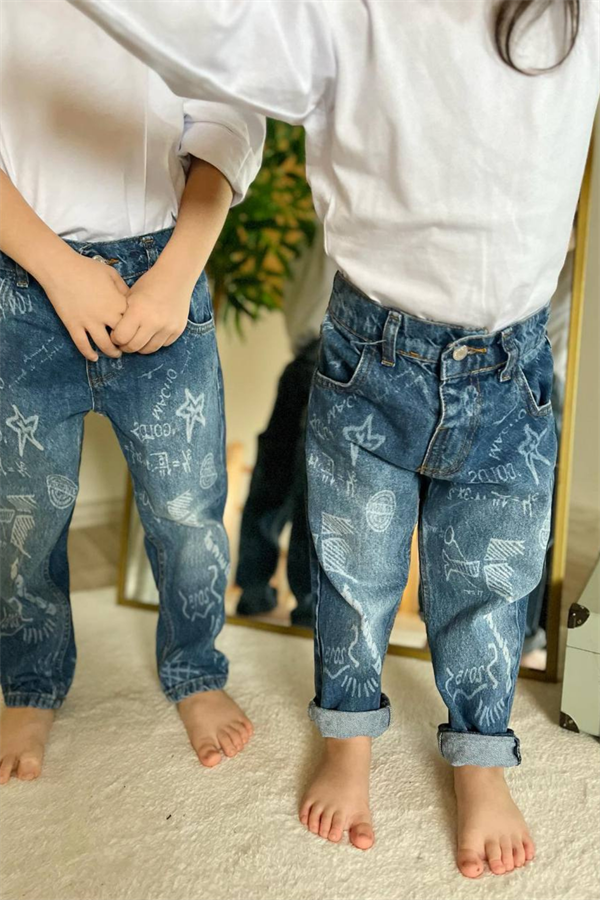Unisex Çocuk Yazılı Mavi Jean Pantolon