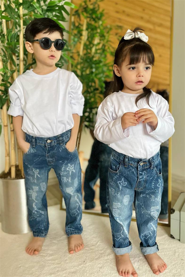 Unisex Çocuk Yazılı Mavi Jean Pantolon