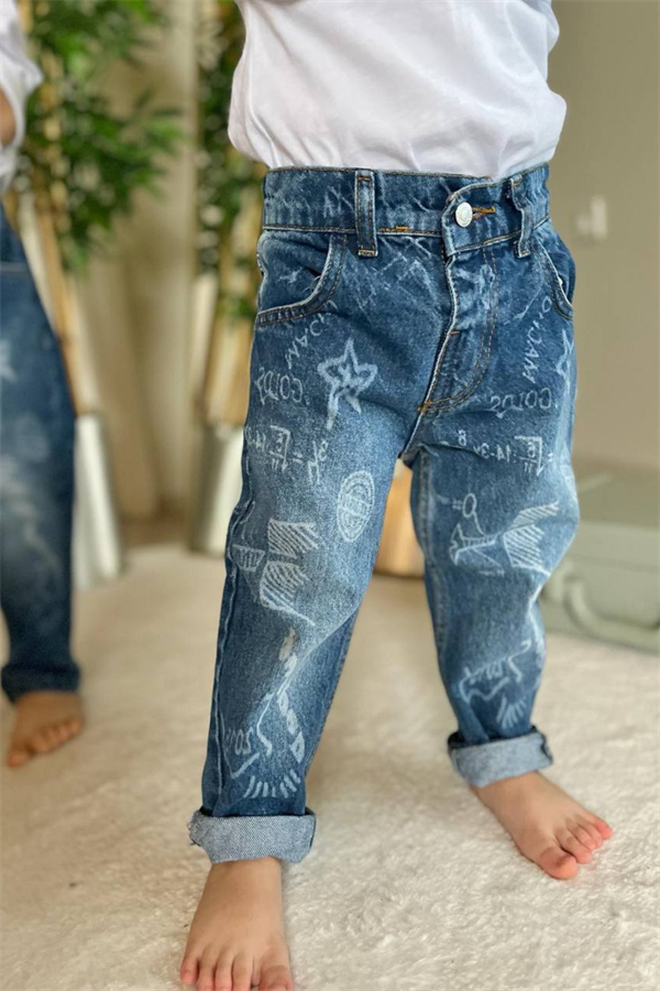 Unisex Çocuk Yazılı Mavi Jean Pantolon