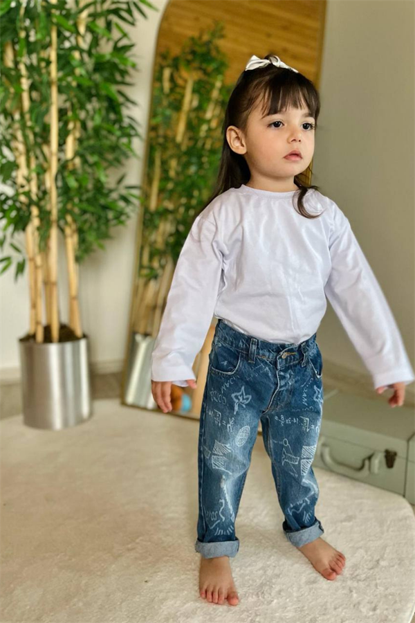 Unisex Çocuk Yazılı Mavi Jean Pantolon