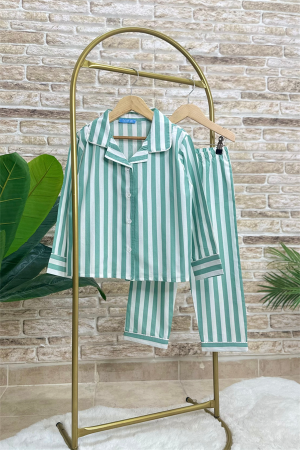 Unisex Yeşil Çizgili Çantalı Pijama Takım