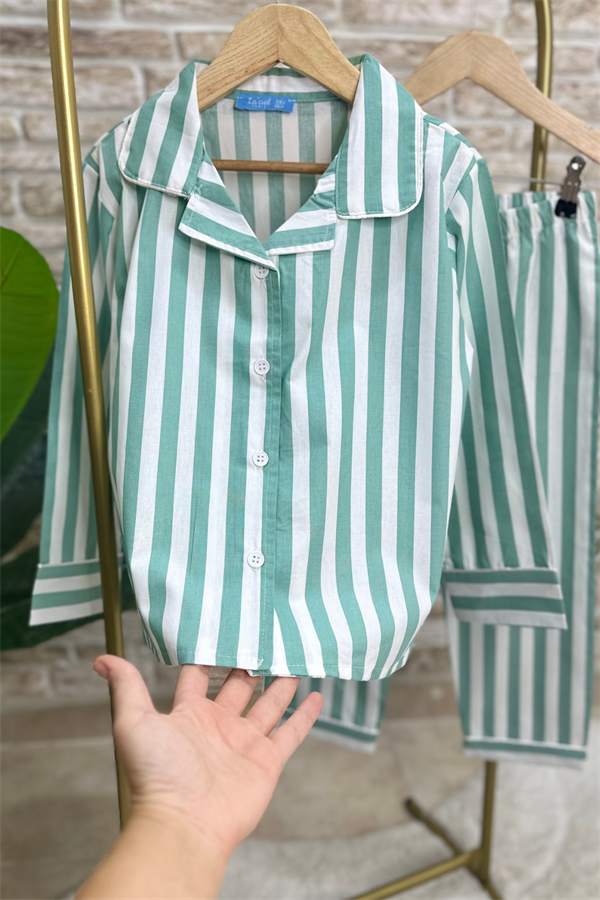 Unisex Yeşil Çizgili Çantalı Pijama Takım