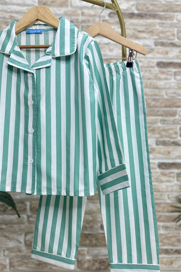 Unisex Yeşil Çizgili Çantalı Pijama Takım
