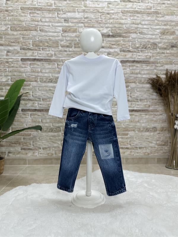 Unisex Çocuk Yıkama Kare Jean Pantolon